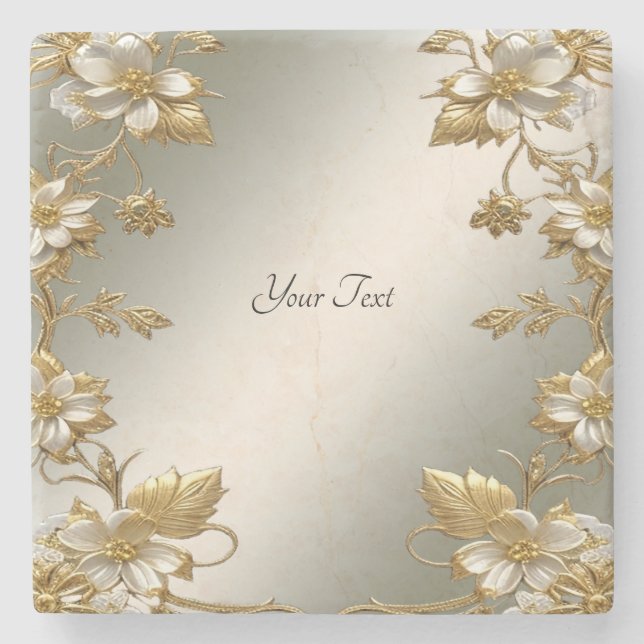 White Floral Gold Verziert Stone Untersetzer (Vorderseite)