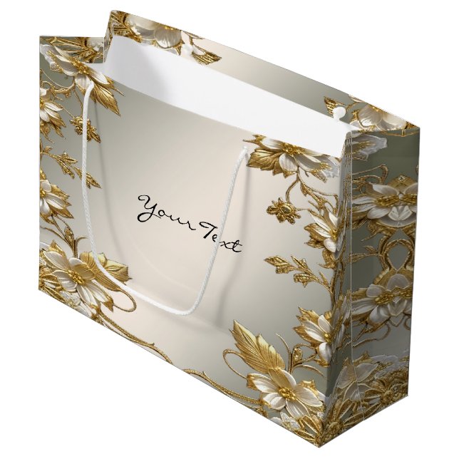 White Floral Gold Verzierte Geschenktasche Große Geschenktüte (Vorderseite Schrägansicht)