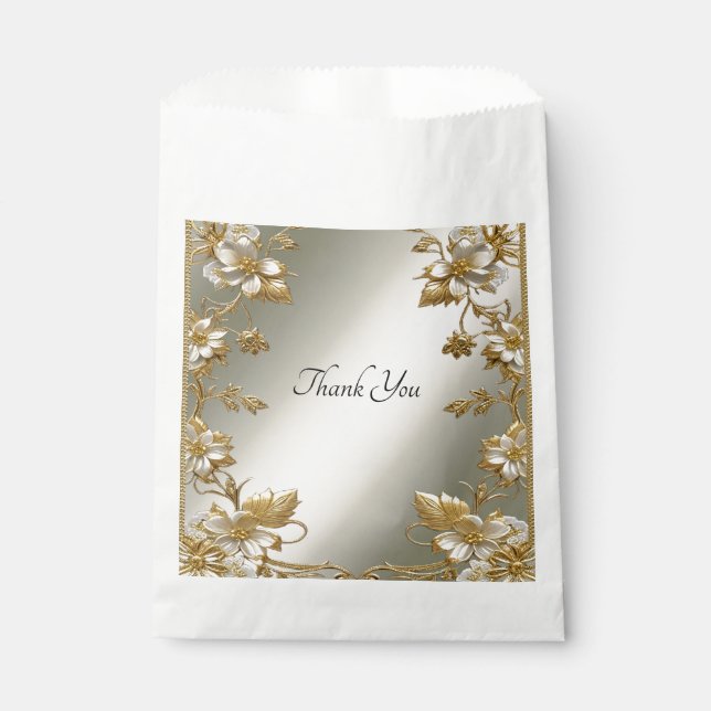 White Floral Gold Verzierte Gesichtstasche Geschenktütchen (Vorderseite)