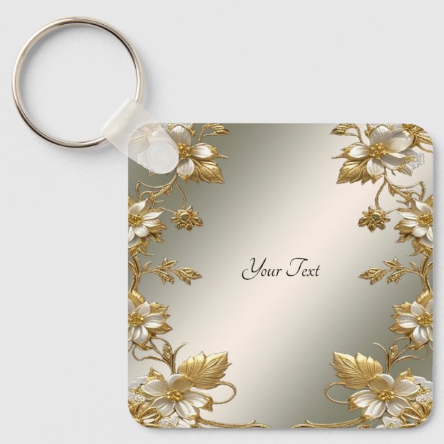 White Floral Gold Verzierter Schlüsselanhänger (Vorderseite)
