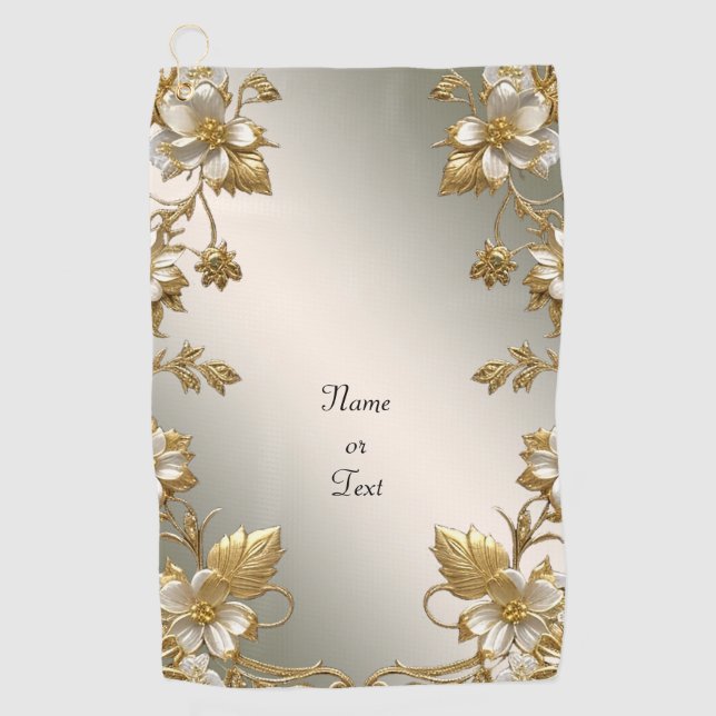 White Floral Gold Verziertes Golfhandtuch (Vorderseite)