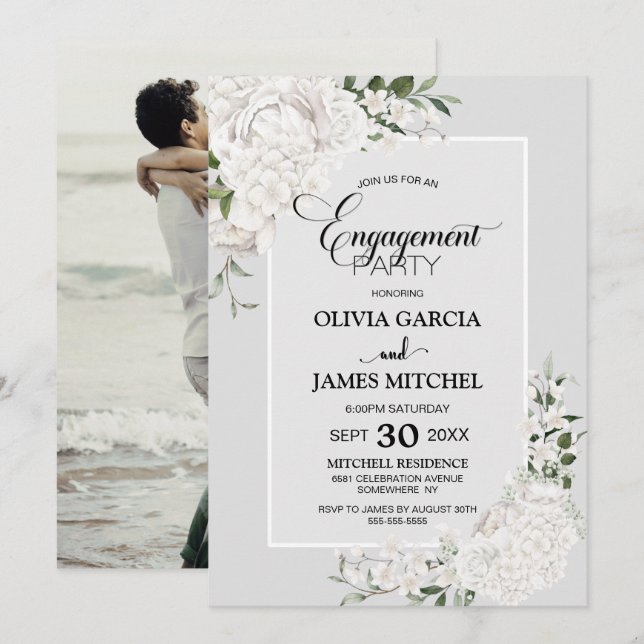 White Floral Gray Custom Foto Engagement Party Einladung (Vorne/Hinten)
