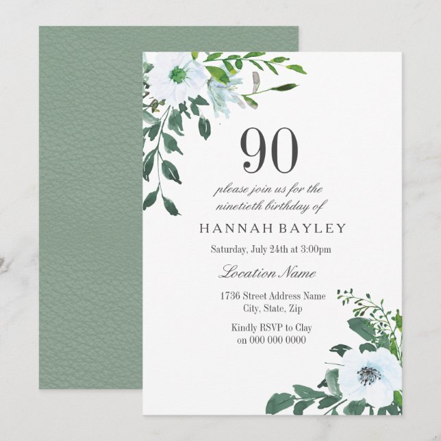 White Floral Greenery 90e anniversaire Invitation (Devant / Derrière)