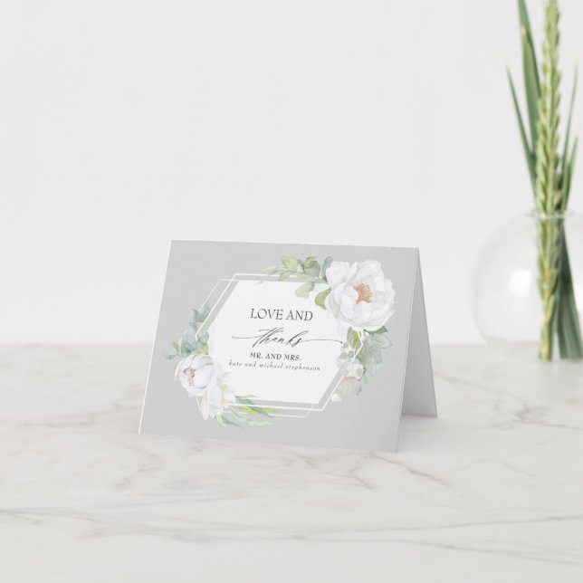 White Floral Greenery Geometric Wedding Vielen Dan Dankeskarte (Vorderseite)
