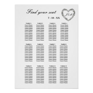White Floral Heart 12 Table Wedding Table Setting Poster