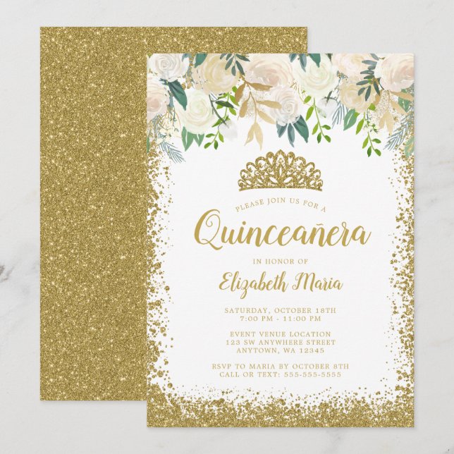 White Floral Imitate Gold Glitzer Tiara Quinceaner Einladung (Vorne/Hinten)