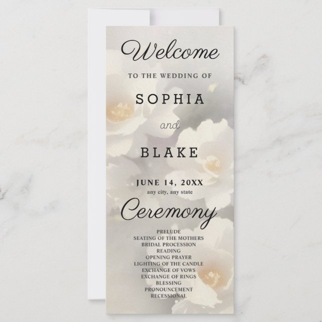 White Floral Ivory and Gray Wedding Program (Vorderseite)