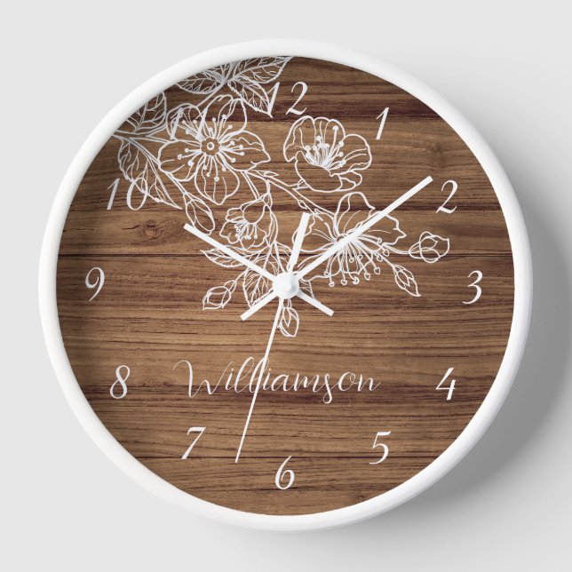 White Floral Line Art Holz Hintergrund Monogramm Uhr (Vorderseite)