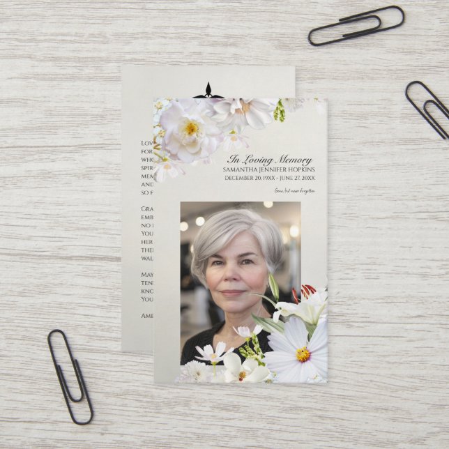 White Floral Memorial Card Visitenkarte (Vorderseite/Rückseite Beispiel)