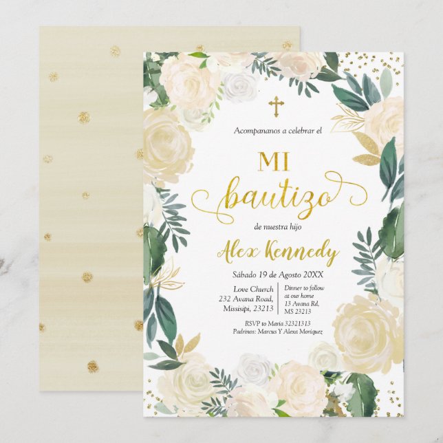 White Floral Mi Bautizo Spanien Einladung (Vorne/Hinten)