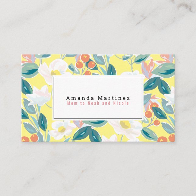 White Floral Muster Gelbe Mommy Visitenkarte (Vorderseite)