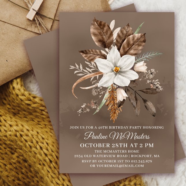 White Floral Neutral Fall Bouquet 40th Birthday  Einladung (Need a matching fall Welcome sign? Message me!)