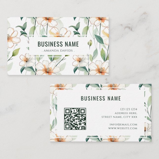 White Floral Pattern Green Greenery QR Code Visitenkarte (Vorne/Hinten)