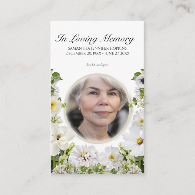 White Floral Photo Memorial Prayer Card Visitenkarte (Vorderseite)