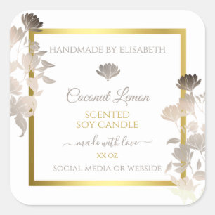 White Floral Product Packaging Labels Gold Frame Quadratischer Aufkleber