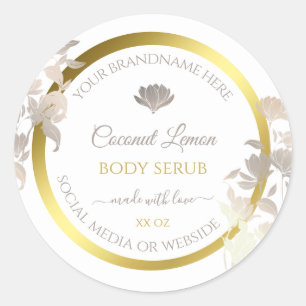White Floral Product Packaging Labels Gold Frame Runder Aufkleber