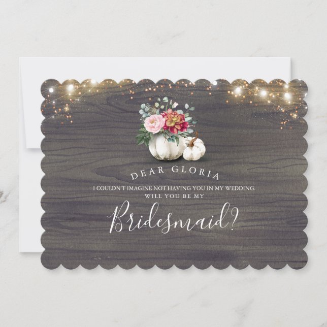 White Floral Pumpkin Rustic Bridesmaid Vorschlag i Einladung (Vorderseite)