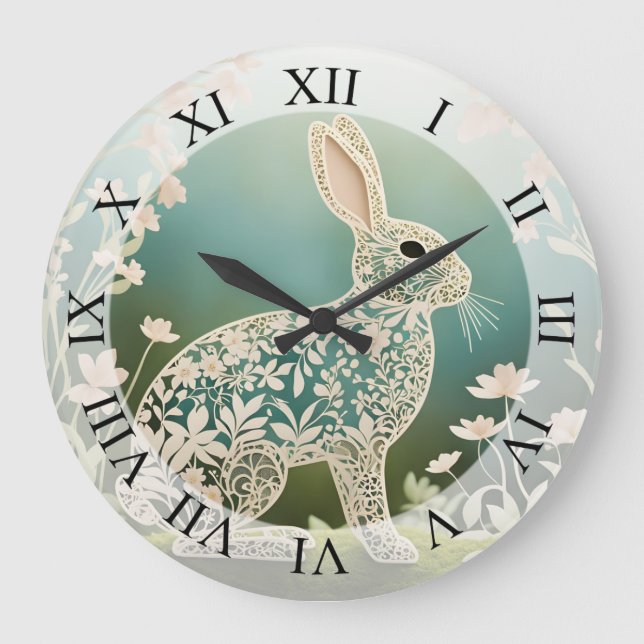 White Floral Rabbit Spring Art Große Wanduhr (Vorderseite)