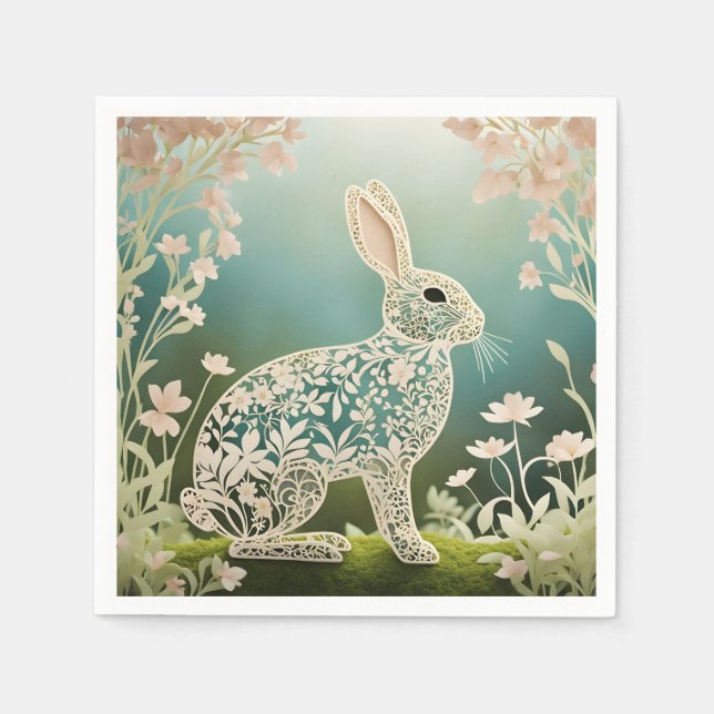 White Floral Rabbit Spring Art Serviette (Vorderseite)