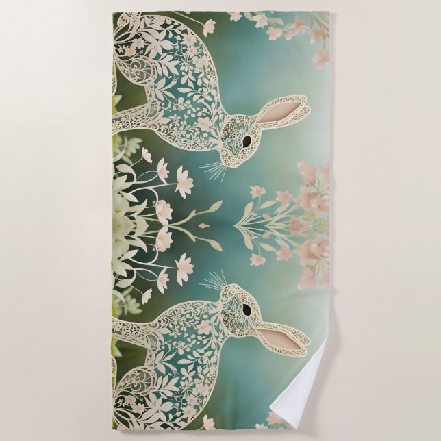 White Floral Rabbit Spring Art Strandtuch (Vorderseite)