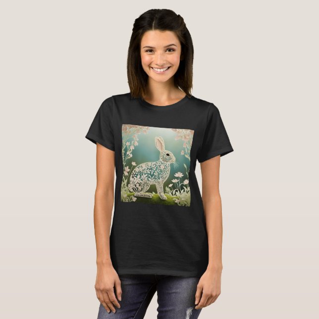 White Floral Rabbit Spring Art T-Shirt (Vorne ganz)