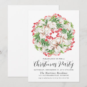 White Floral Red Berry Wreath Weihnachtsfest Party Einladung