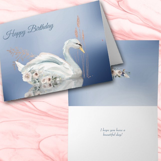 White Floral Swan Happy Birthday Karte (Von Creator hochgeladen)
