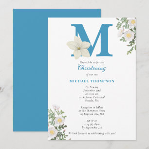 White Floral Taufe Christening Baby Boy Initials Einladung