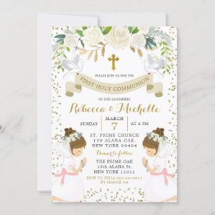 White Floral Twin Girl Erste Heilige Kommune Einladung