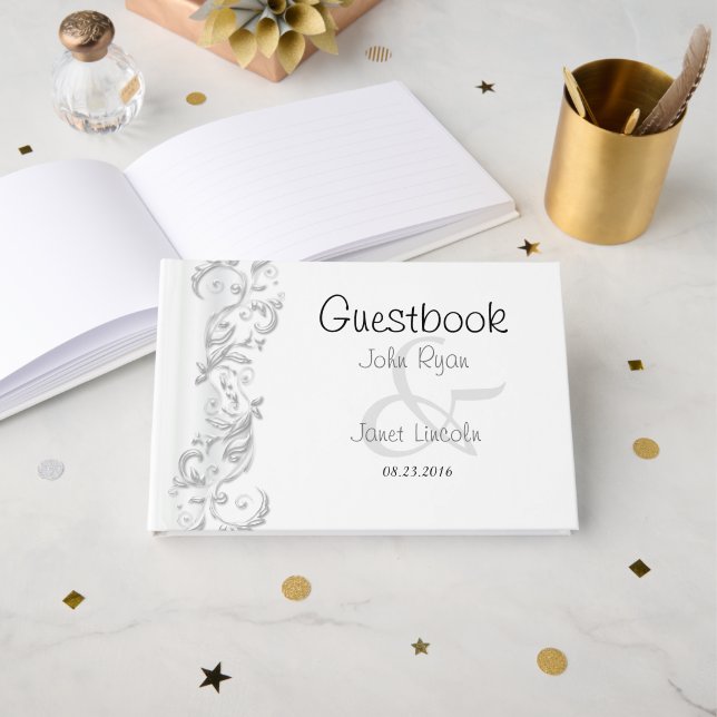 White Floral Verziert Guestbook Gästebuch (Vorderseite Offen)