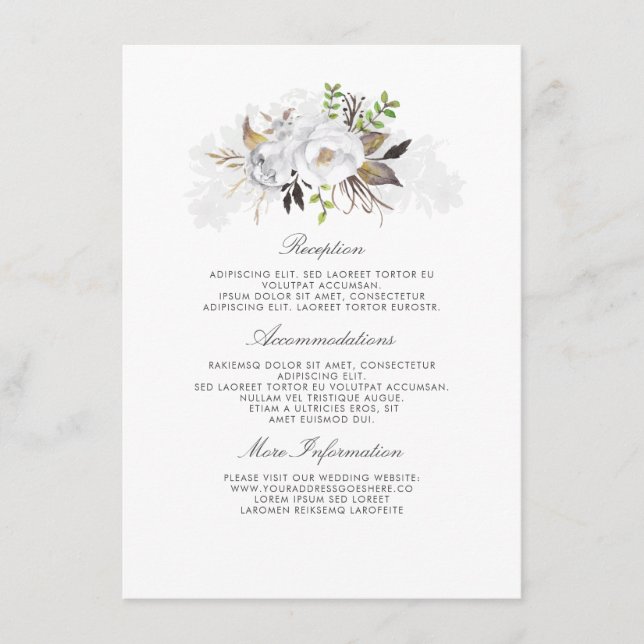 White Floral Wedding Information Guest Begleitkarte (Vorderseite)