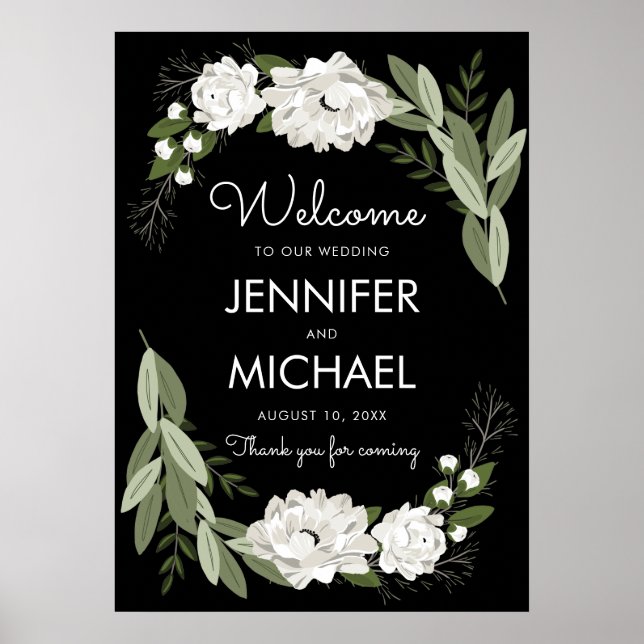 White Floral Wedding Sprigs Willkommenspender Poster (Vorne)