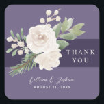 White Floral Winter Greenery Wedding Thank You Quadratischer Aufkleber<br><div class="desc">Gorgeous white floral with greenery,  set over a rich purple background,  in a minimalist design...  with your text in modern script and classic font,  set inside a deeper purple arch. Simple. Elegant. Perfect for a winter wedding.</div>