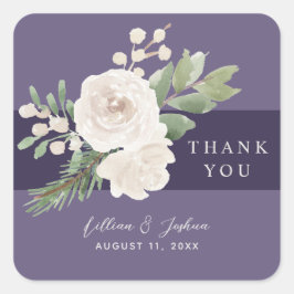 White Floral Winter Greenery Wedding Thank You Quadratischer Aufkleber