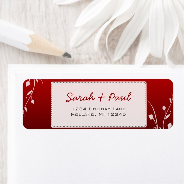 White Floral Wirbel Deep Red Return Address Label (Insitu)