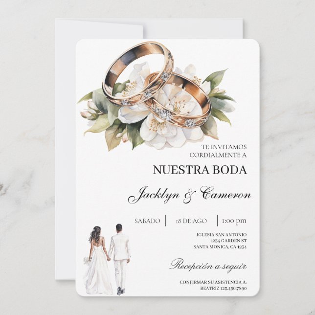 White Floral with ring Spanish Wedding Einladung (Vorderseite)