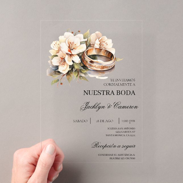 White Floral with ring Spanish Wedding Invitation Acryleinladungen (Insitu (Handheld))
