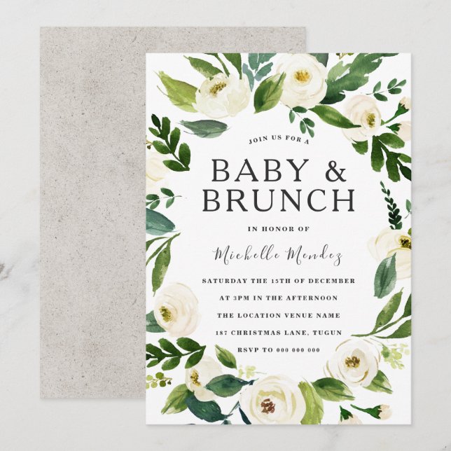 White Floral Wreath Babydusche Brunch Einladung (Vorne/Hinten)