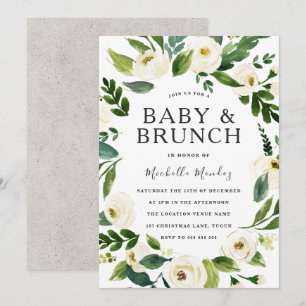 White Floral Wreath Babydusche Brunch Einladung