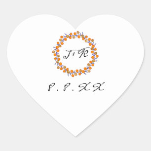 White Floral Wreath Blue Orange Gold Monogram Herz-Aufkleber