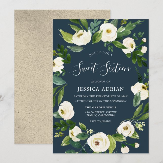 White Floral Wreath Modern Sweet 16 Invitation de  (Devant / Derrière)