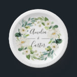 White Floral Wreath Wedding Paper Plate Pappteller<br><div class="desc">Personalisierte Papierplatte mit einem Kranz aus weißer,  wasserfarbener Blume mit grünem Blattwerk. Für eine weiter gehende Anpassung dieses Designs klicken Sie bitte auf den Button "Anpassen". Matching-Elemente sind ebenfalls verfügbar.</div>