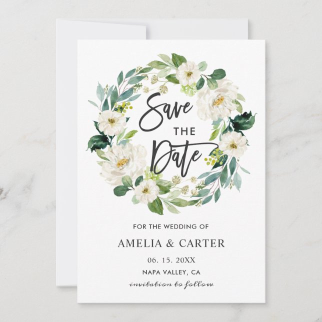 White Floral Wreath Wedding Save the Date Card (Vorderseite)