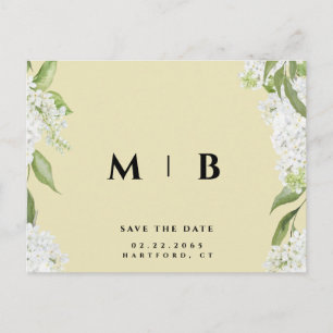 White Floral Yellow Monogram Wedding Rett Date Postkarte