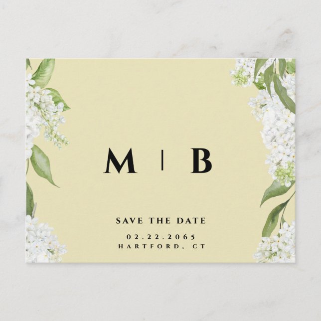 White Floral Yellow Monogram Wedding Rett Date Postkarte (Vorderseite)