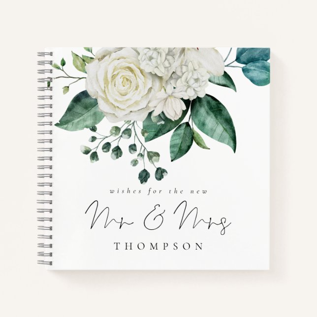 White Florals Eucalyptus Herr Mrs. Guest Book Notizbuch (Vorderseite)