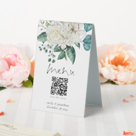 White Florals Eucalyptus Menu Qr Code Hochzeit Tischaufsteller
