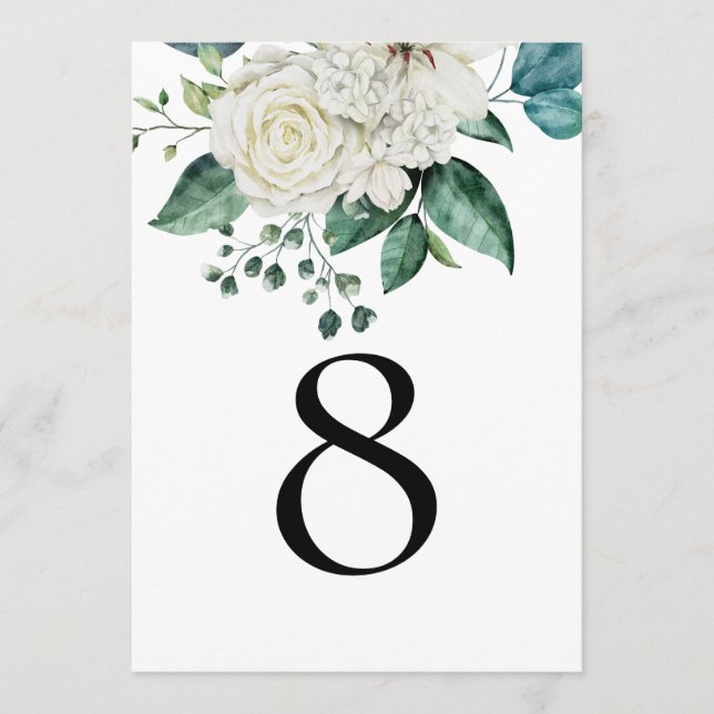 White Florals Eucalyptus Wedding Tischnummer (Vorderseite)