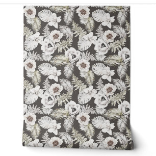 White Florals Foliage Boho Tapete