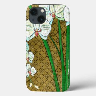 White Flowers and Green Stems on Brown Border Case-Mate iPhone Hülle